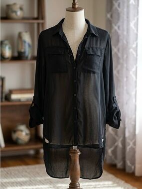 a.n.a Black Sheer Longline Button-Down Shirt